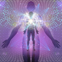 Man's Silhouette with light energy emanating from chakras out to aura against a purple background.
